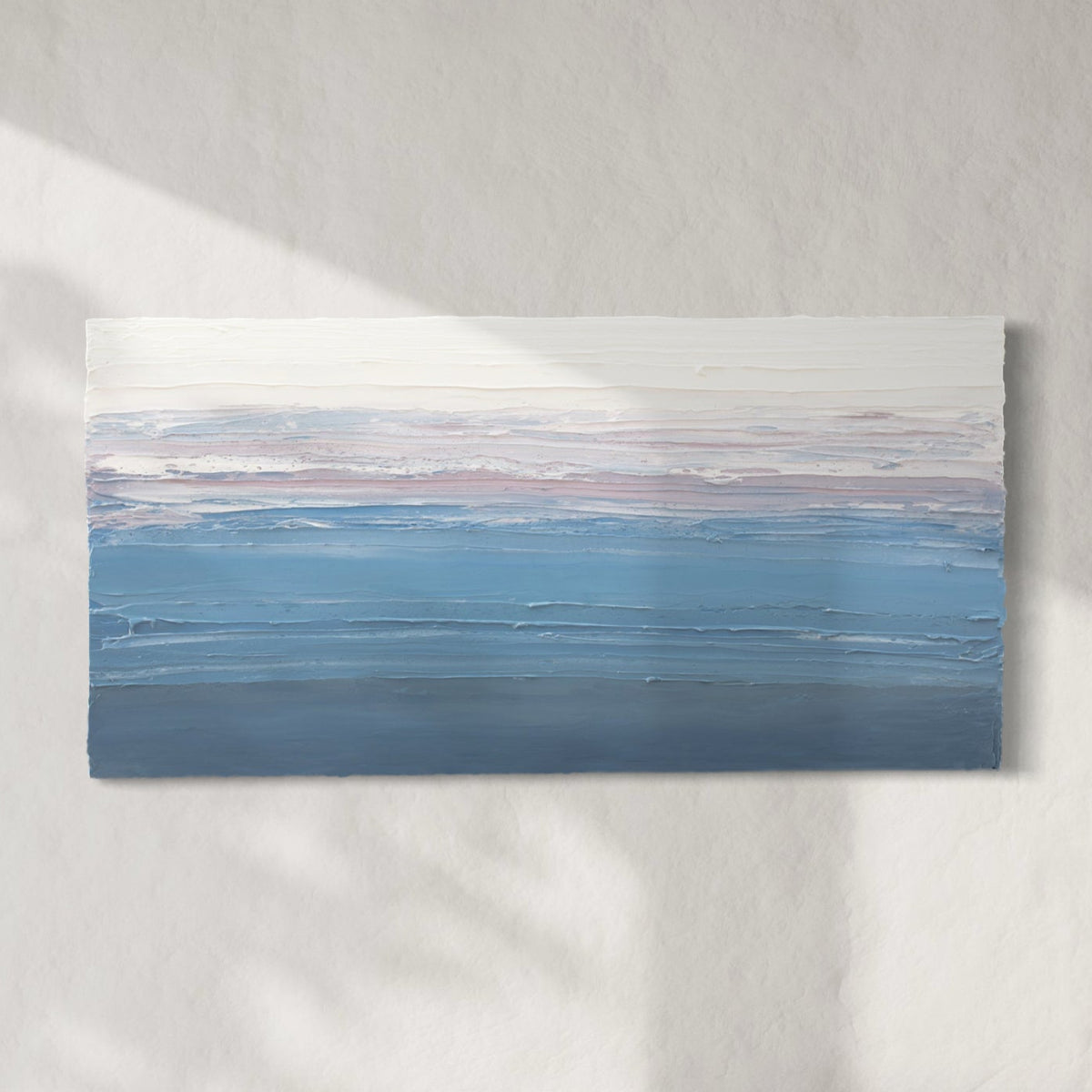 An original abstract painting by Teodora 'teo' Guererra depicting textured horizontal lines in varying shades of blue and white.