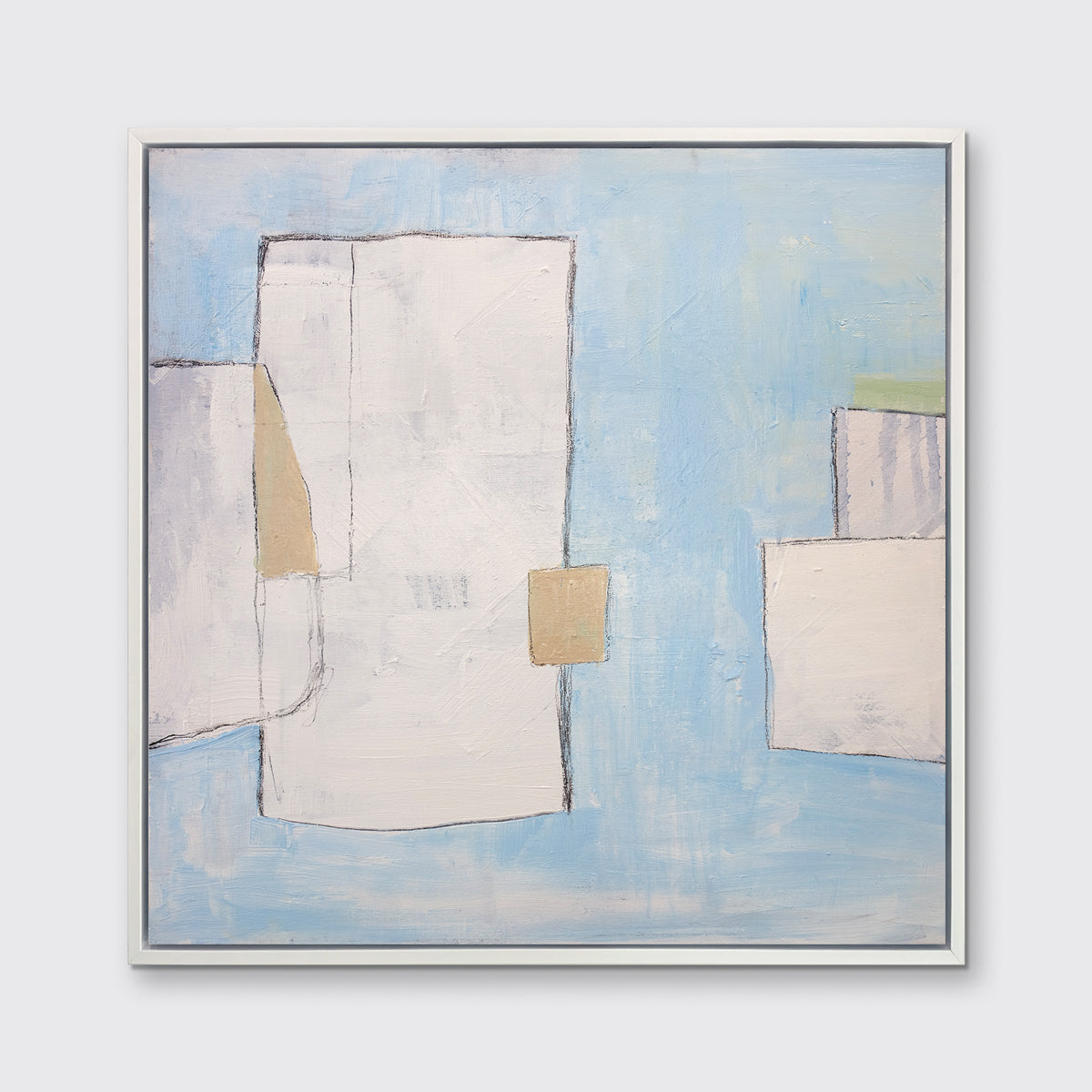 A blue, white and beige abstract print in a white floater frame hangs on a white wall.
