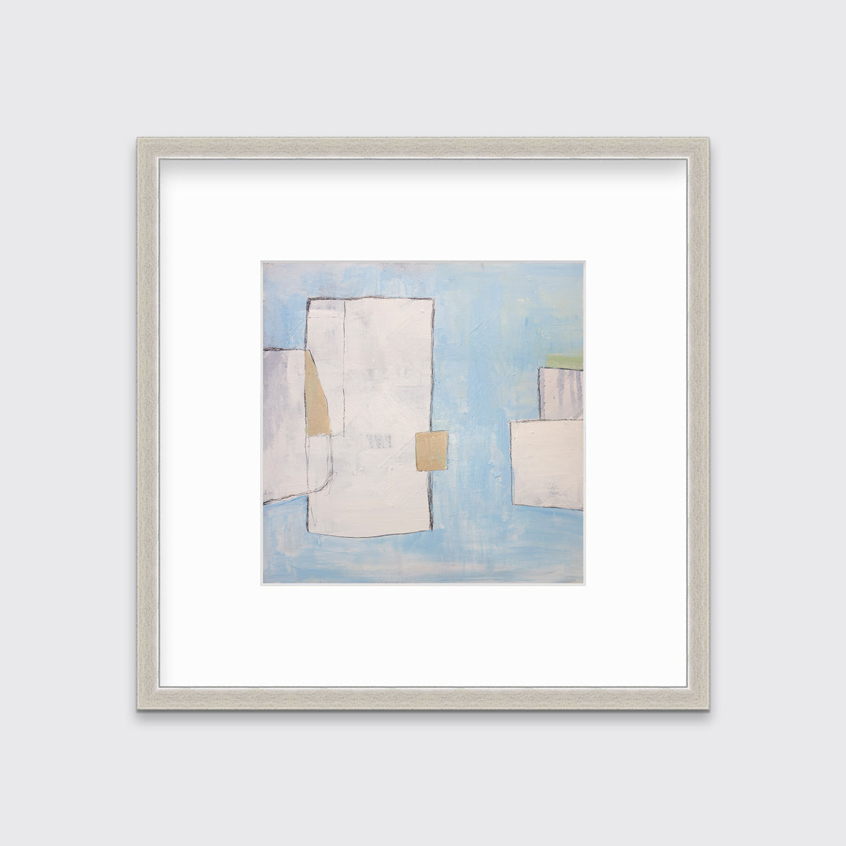 A blue, white and beige abstract print in a silver frame with a mat hangs on a white wall.