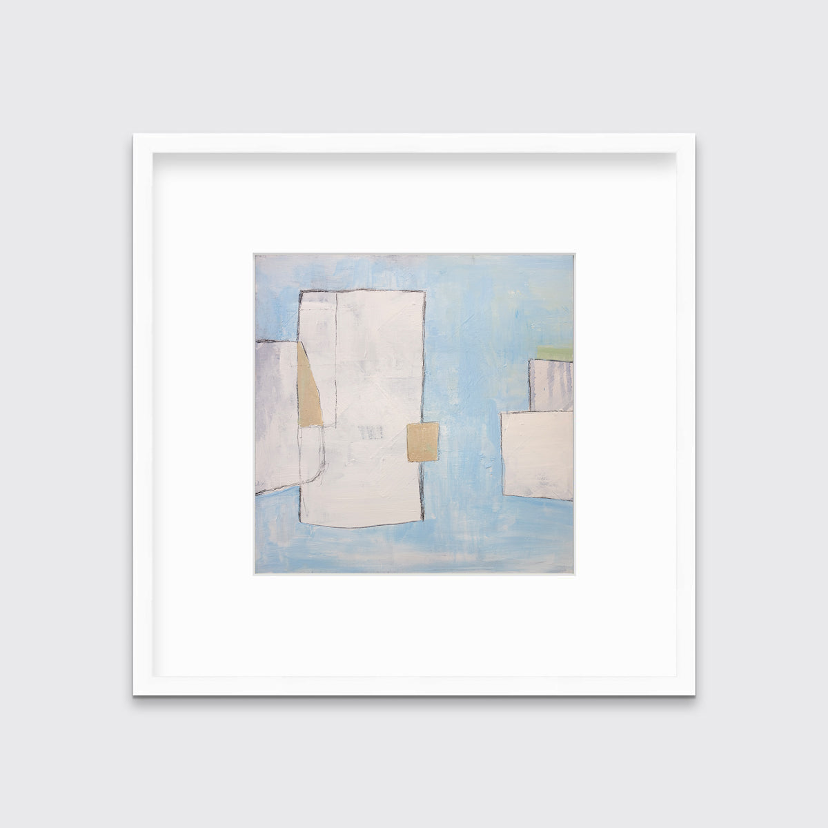 A blue, white and beige abstract print in a white frame with a mat hangs on a white wall.