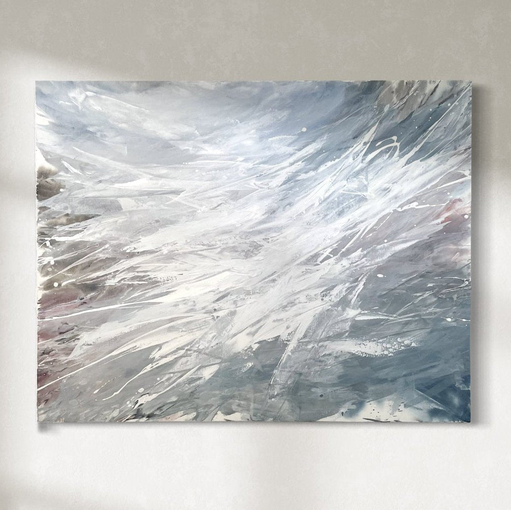 This image presents a captivating original artwork titled "Letting Go," which is a contemporary abstract painting. Measuring 48" x 60", the artwork features an abstract style with a cool blue and white color palette.