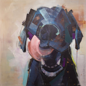 A painting of an abstracted black dog with an open mouth and tongue curled out by Russell Miyaki.