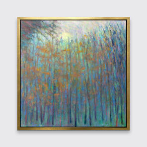 An impressionist landscape print in a gold floater frame hangs on a white wall.