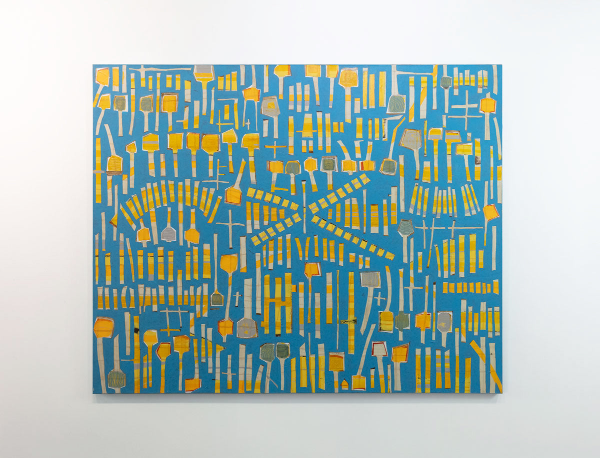An abstract panting of yellow sticks and "lollipops" on a blue background is hung on a gallery wall.