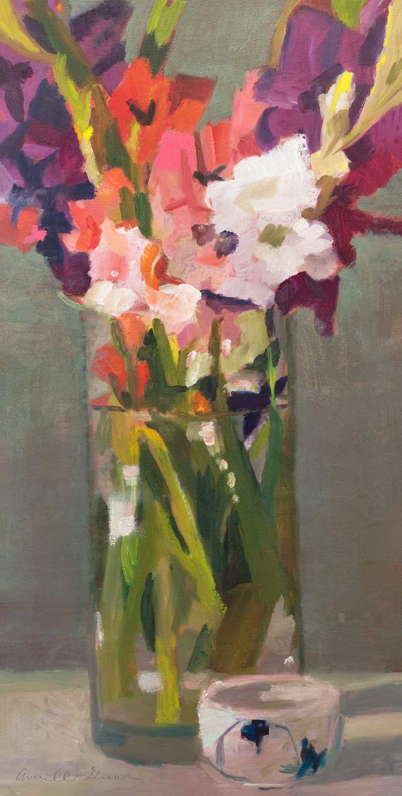 A purple, pink and green abstract floral print by Christine Averill-Green.