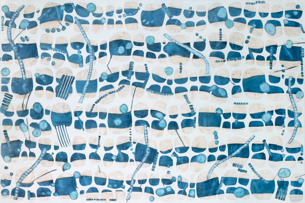 A blue, teal and beige geometric abstract print by Sofie Swann.