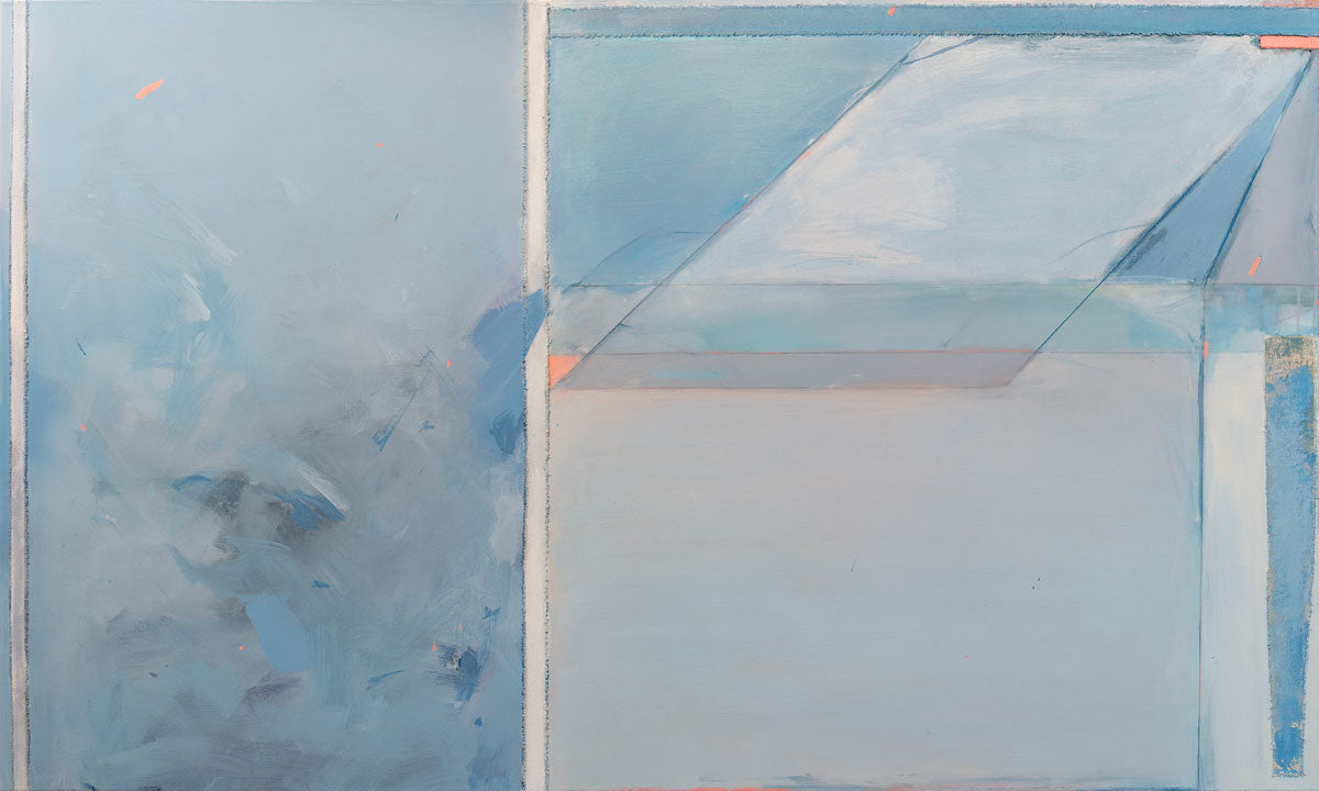 A blue, grey, and pink abstract art print by Kelly Rossetti.