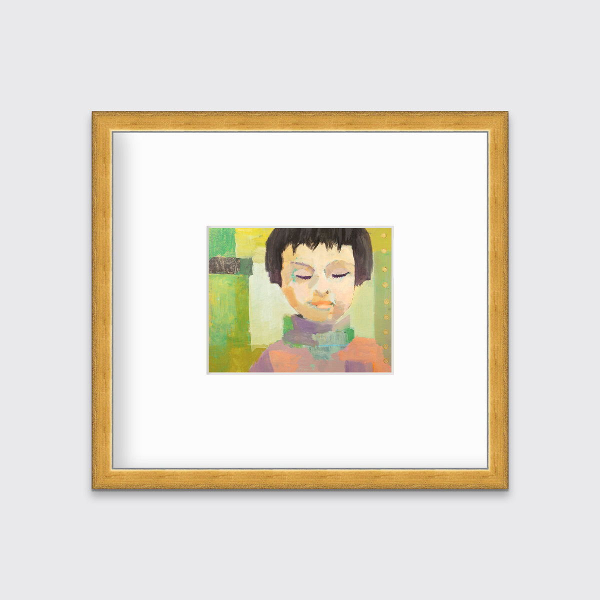 A green, coral, beige and brown abstract figural print in a gold frame with a mat hangs on a white wall.