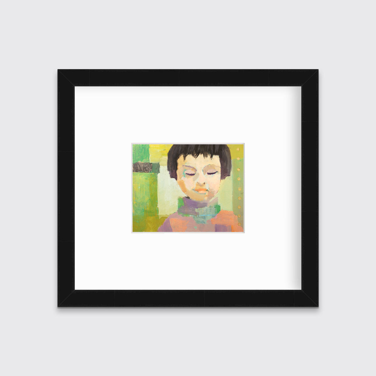 A green, coral, beige and brown abstract figural print in a black frame with a mat hangs on a white wall.