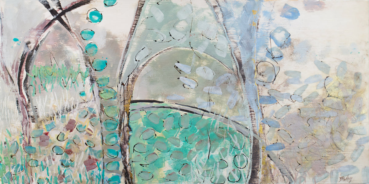 A blue, green, and beige abstract painting by Linda Bigness.