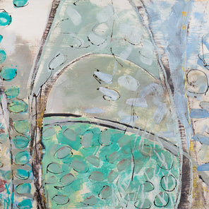 A blue, green, and beige abstract painting by Linda Bigness. 