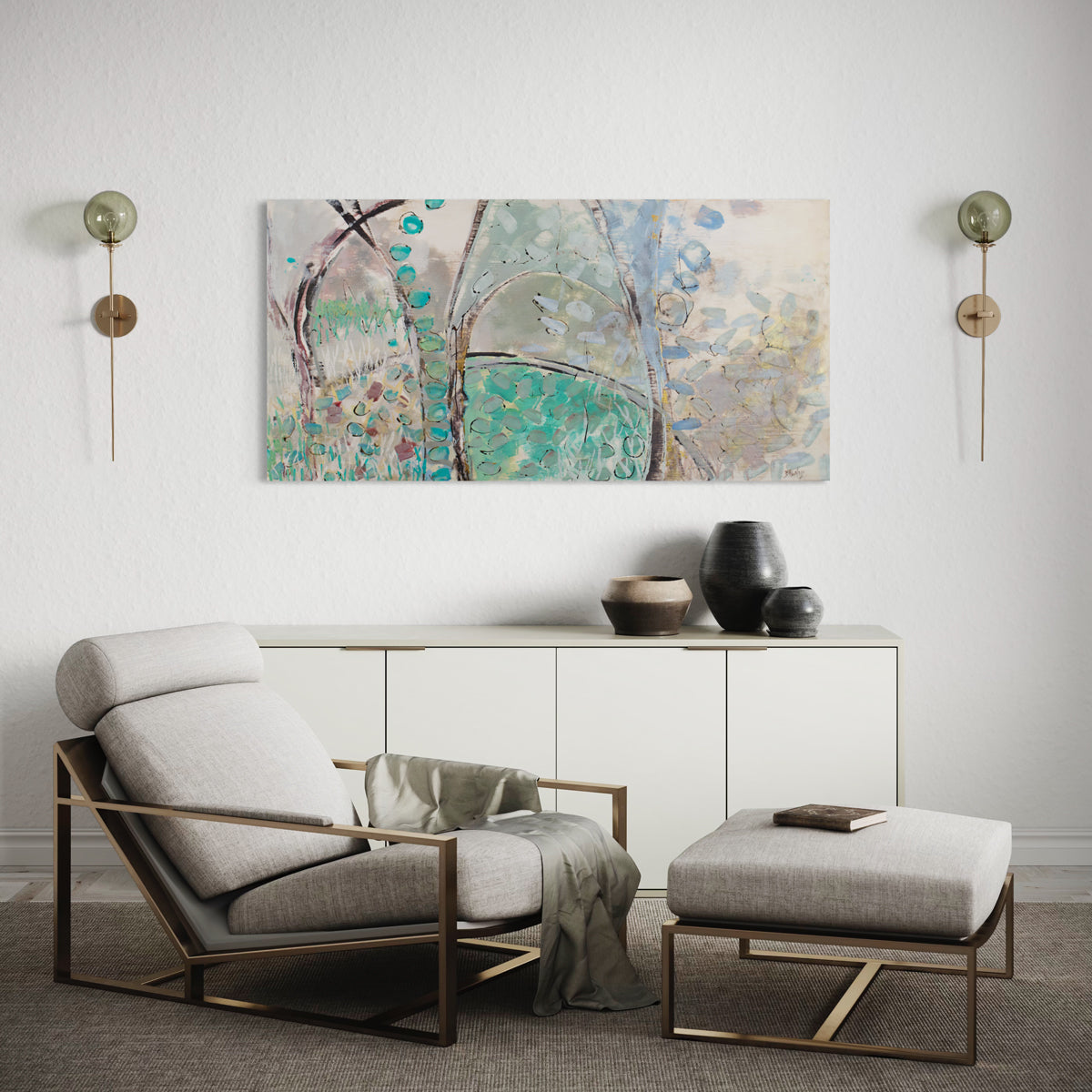 A blue, green, and beige abstract painting hangs on a white wall between two modern wall sconces and above a modern white console table and a grey and brass reclining armchair and chaise.