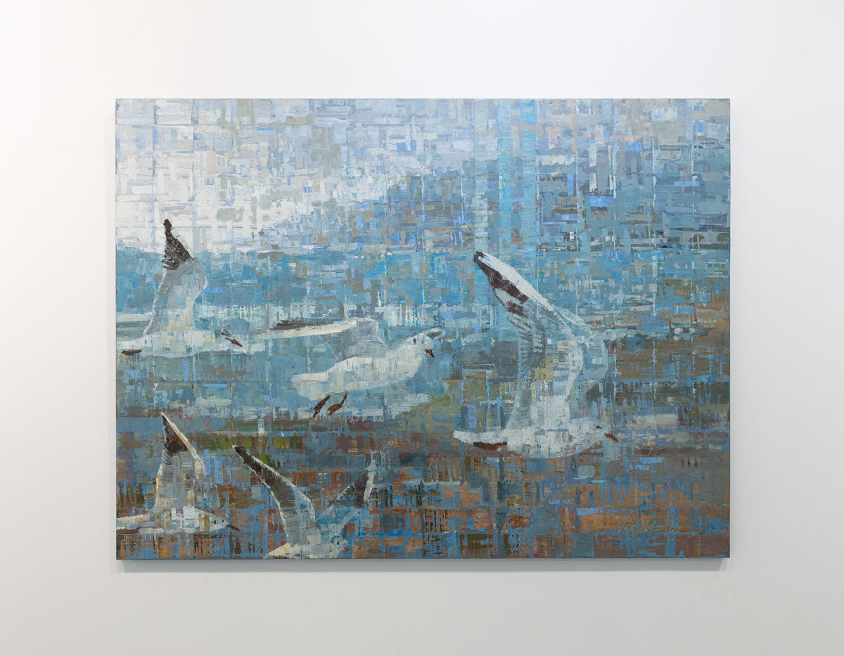 A painting on recycled metal print plates depicting seagulls in flight is hung on a gallery wall.