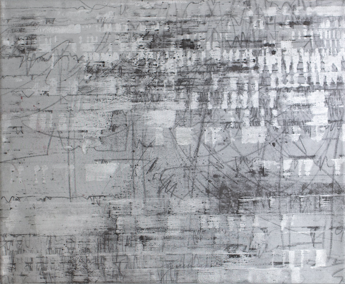 A black and silver abstract painting by Ned Martin.