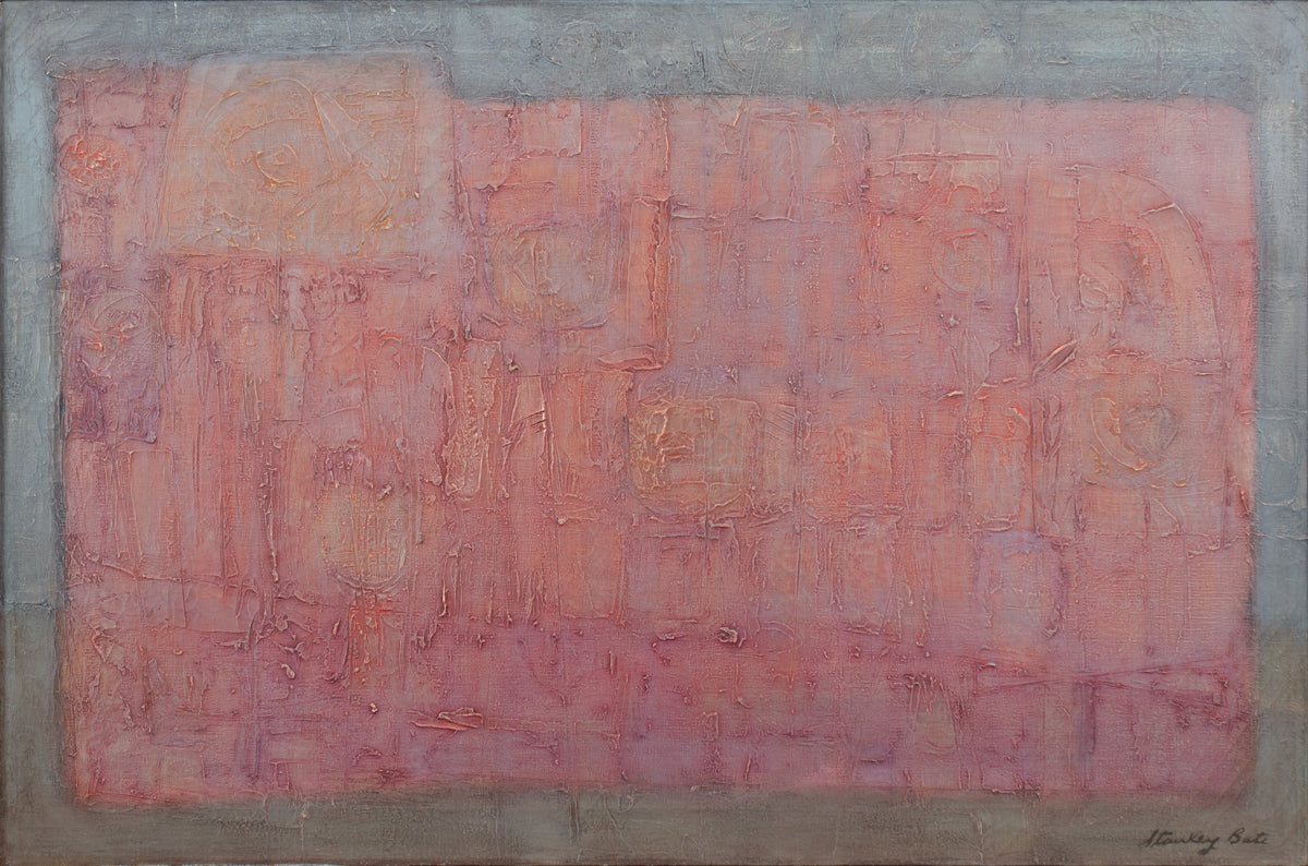 An abstract red and grey painting by Stanley Bate.