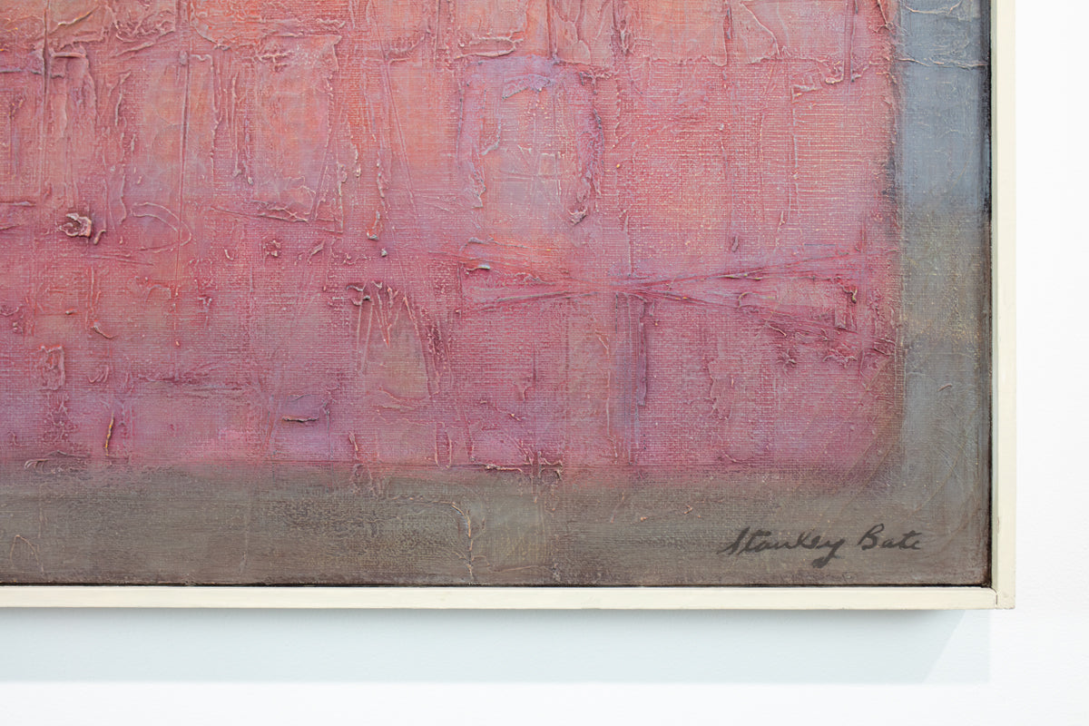 The corner of a red and grey abstract painting by Stanley Bate which displays the artist's signature.