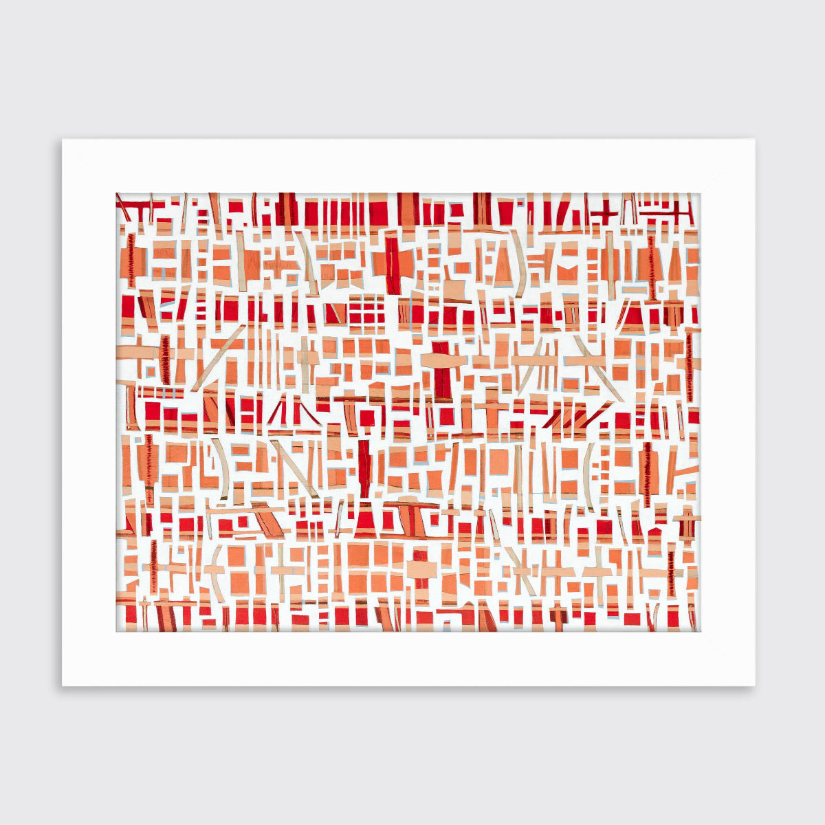 Abstract pattern of red and orange shapes on a white background