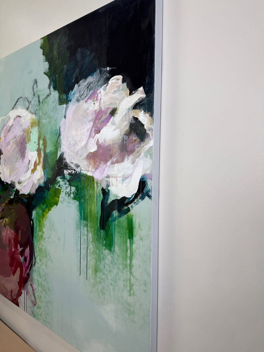 Abstract painting of flowers with a focus on white and pink flowers.