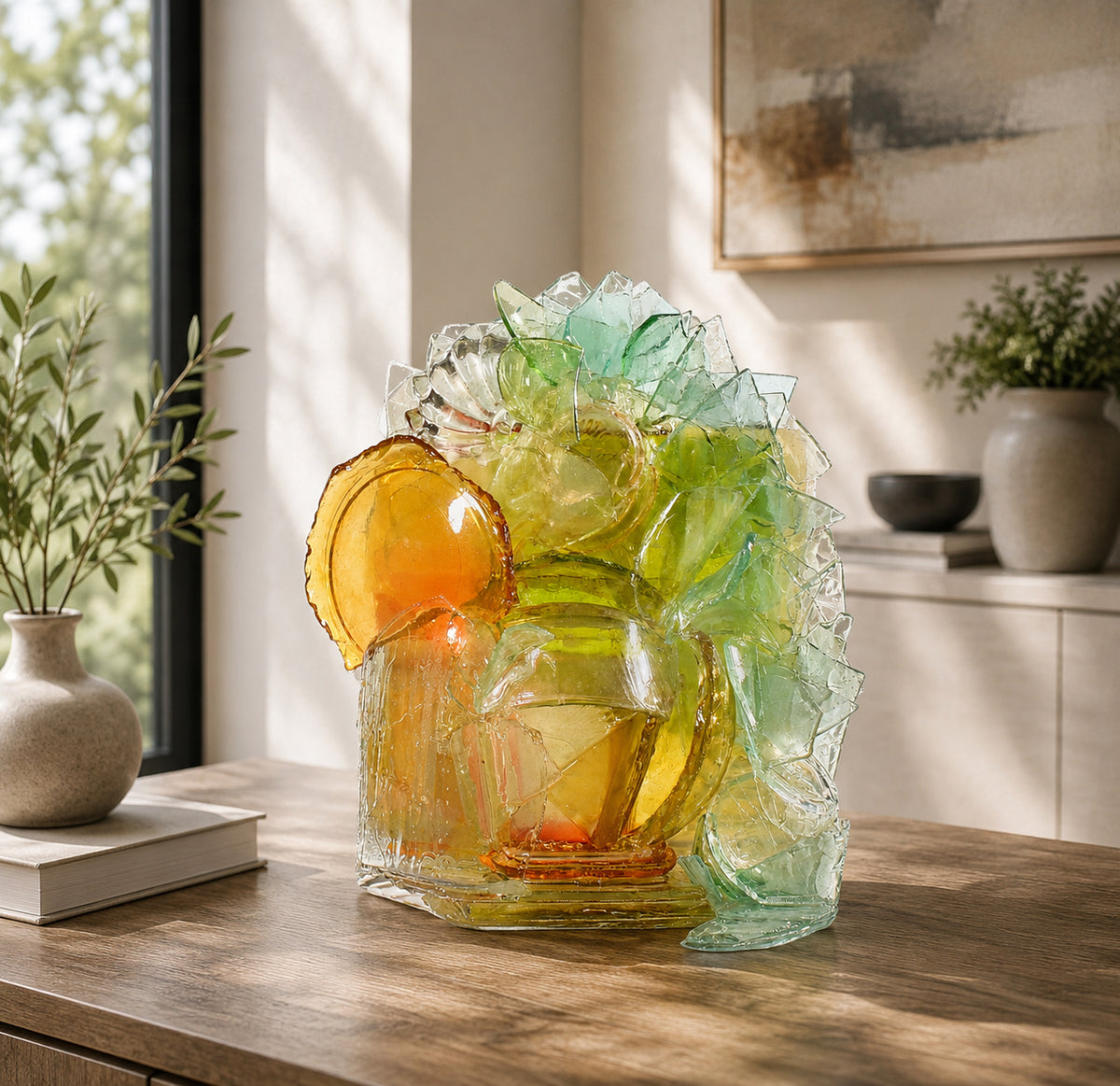 Colorful glass sculpture on a wooden surface with a home interior background