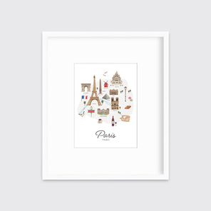 A multicolored map print of Paris, France with the famous landmarks in a white frame with a mat hangs on a white wall.