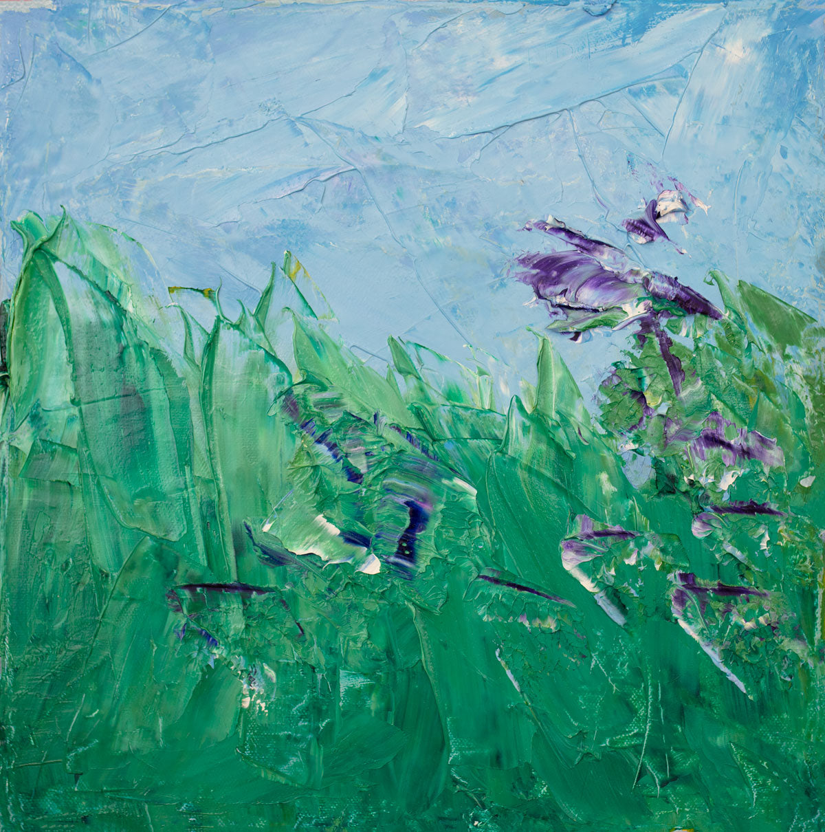 Print of a painting with thick, textured blue, green, and purple paint.