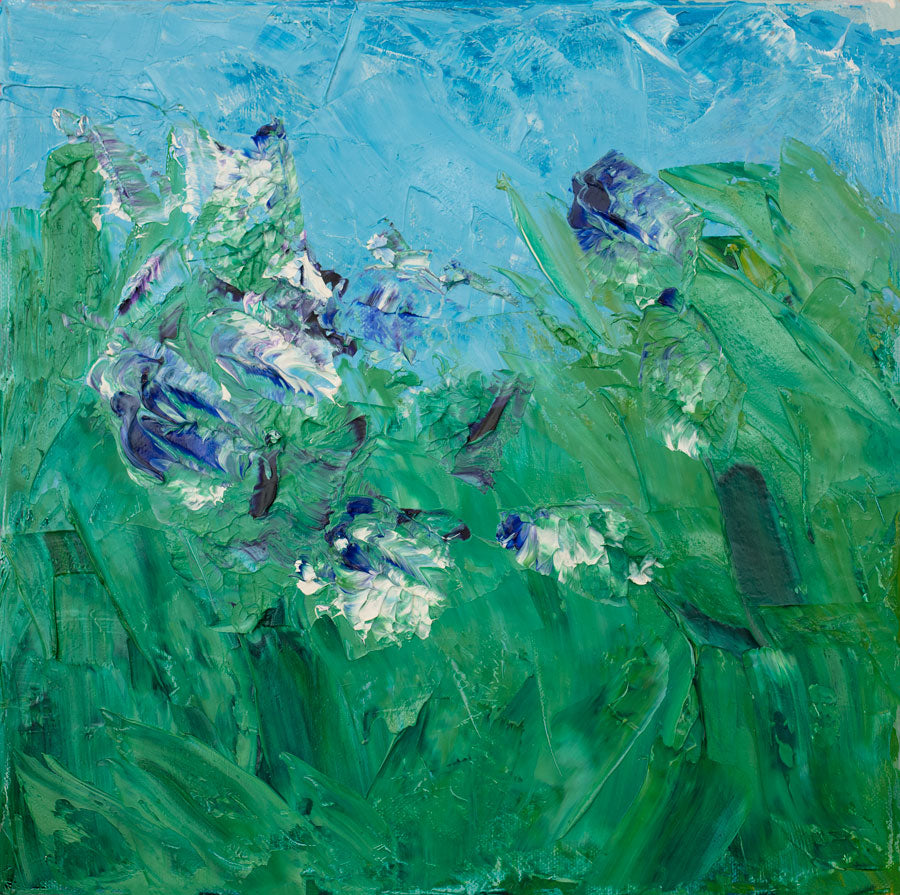 A blue, green, purple and white abstract landscape print by Teodora Guererra.