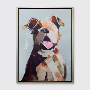 A light blue, orange, brown, pink and navy abstracted dog print in a silver floater frame hangs on a white wall.
