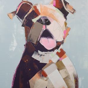 An abstracted painting of a pit bull from the shoulders up by Russell Miyaki. 