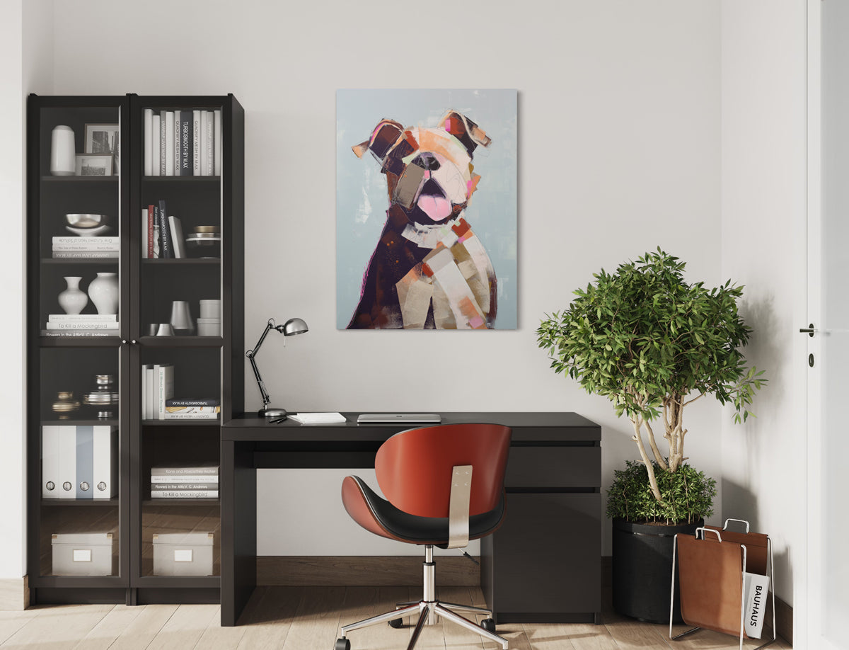 A warm neutral abstracted painting of a dog hangs on a white wall above a minimalist black desk, a potted floor plant, magazine rack, and a black cabinet with glass doors.