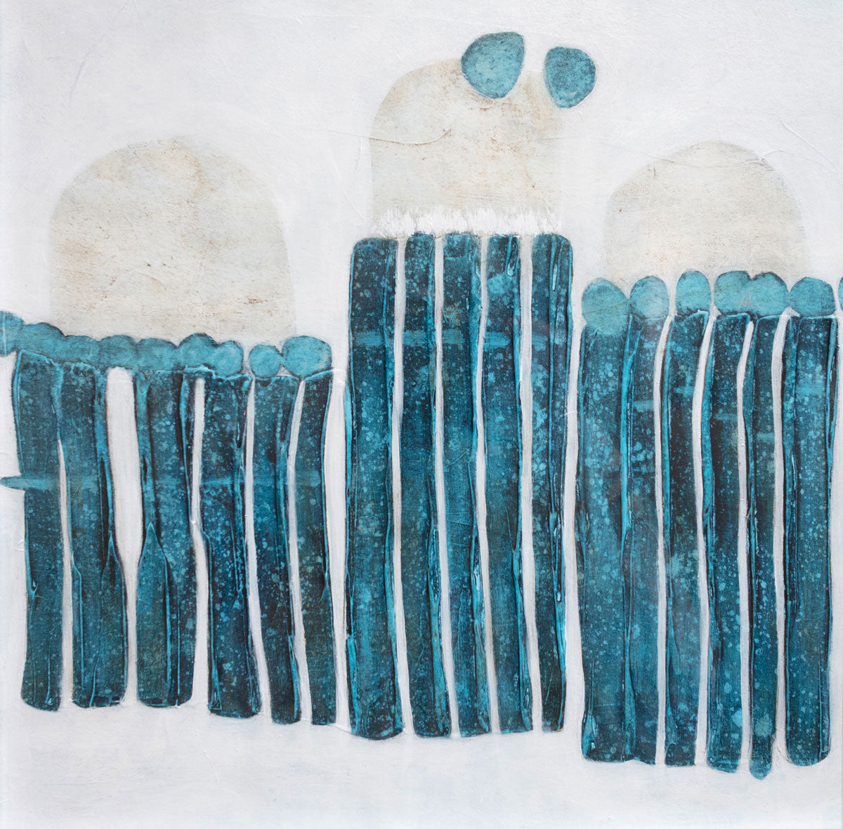 An abstract blue, beige, and white painting by Sofie Swann.