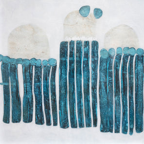 An abstract blue, beige, and white painting by Sofie Swann. 