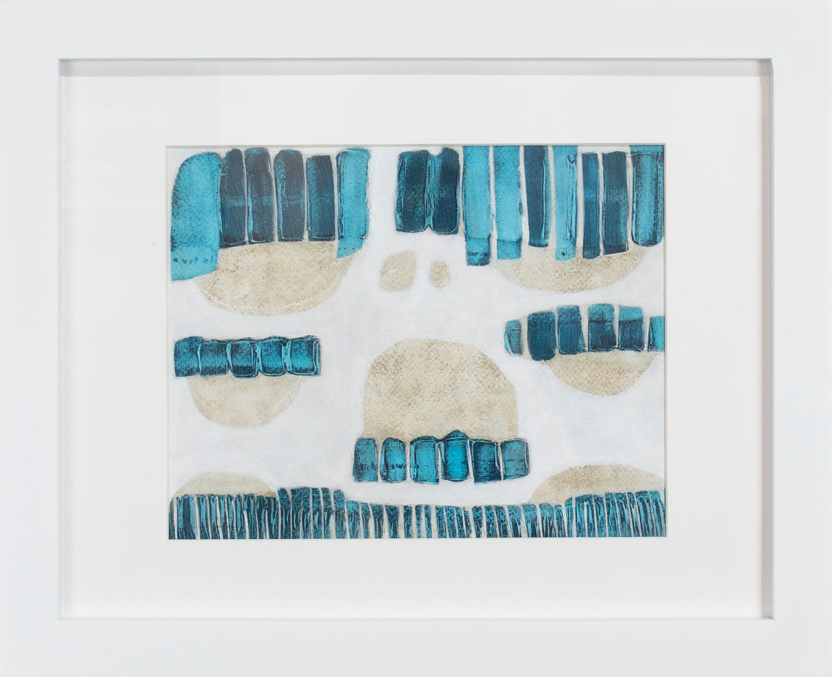A blue, beige, and white abstract painting framed in a white frame.