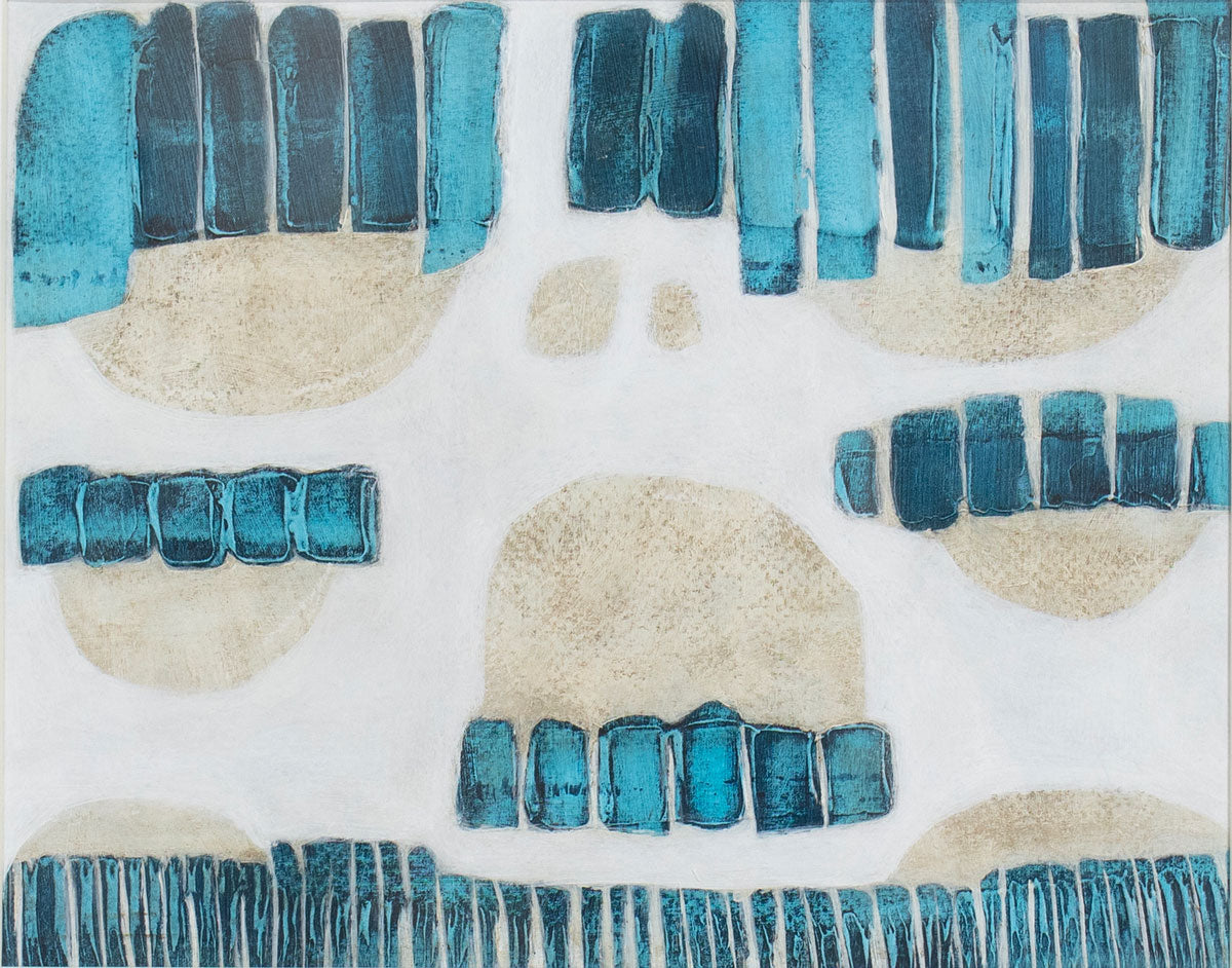 A blue, beige, and white abstract painting by Sofie Swann.