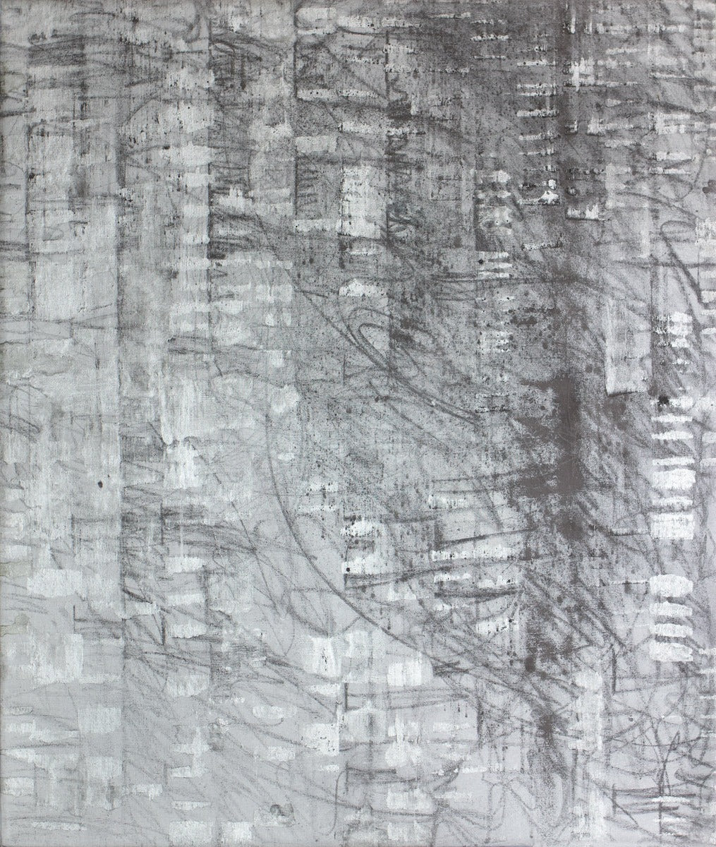 A black and silver abstract painting by Ned Martin.