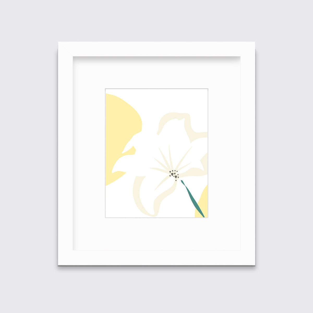 A light yellow abstract botanical art print in a white frame with a mat hangs on a white wall.