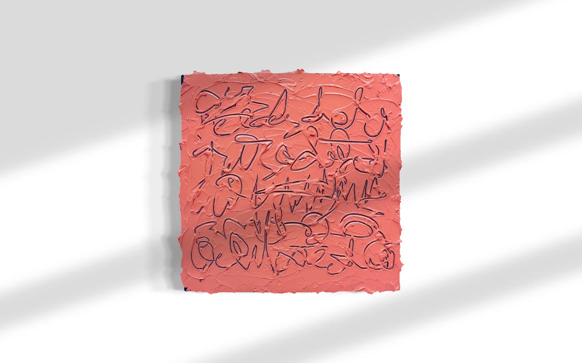 A square abstract painting featuring textured coral-pink paint with dark navy line drawings, displayed against a white background with soft diagonal shadows.