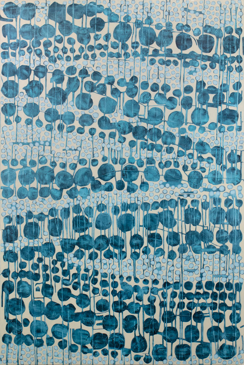 A blue and beige abstract painting composed of blue shapes. by Sofie Swann.