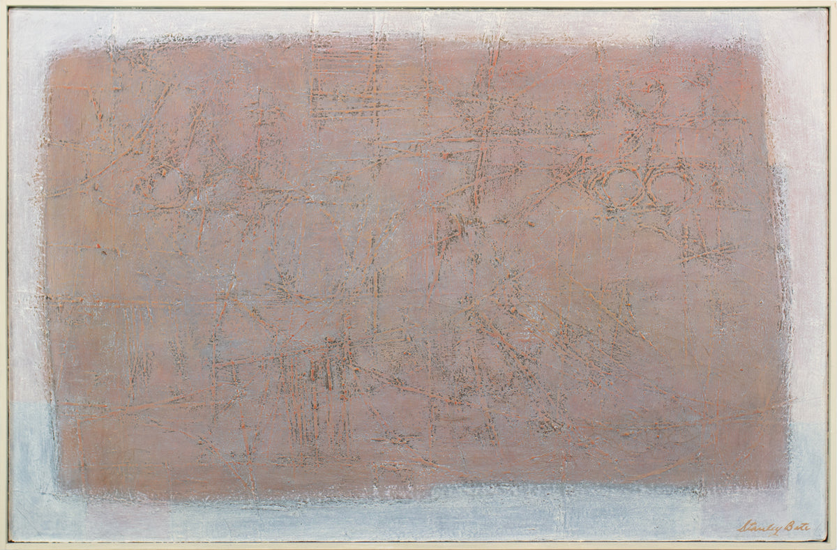 A white and pink abstract painting by Stanley Bate, framed in a thin floater frame.