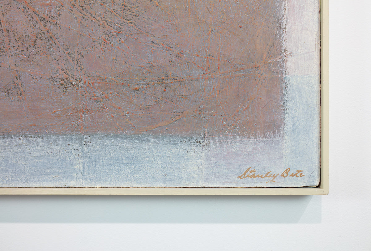 A close up view of the bottom right corner of an abstract painting by Stanley Bate which displays the artist's signature.