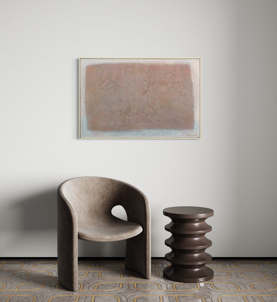 An abstract white and pink painting framed in a white frame hangs on a white wall above a modern chair and end table.