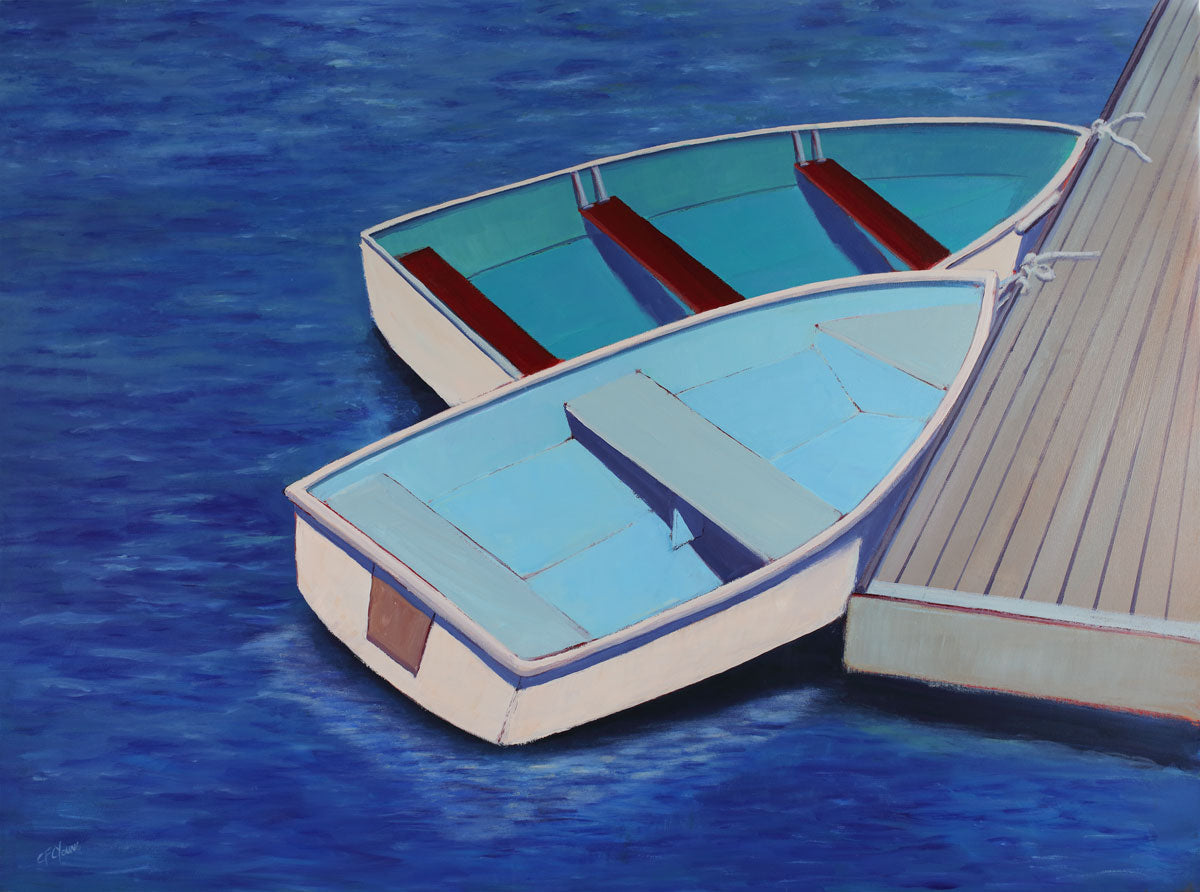 A blue, light blue and beige contemporary nautical print of two docked rowboats by Carol Young.