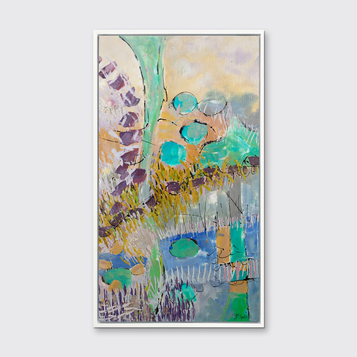 A teal, orange, purple and yellow abstract landscape print in a white floater frame hangs on a white wall.