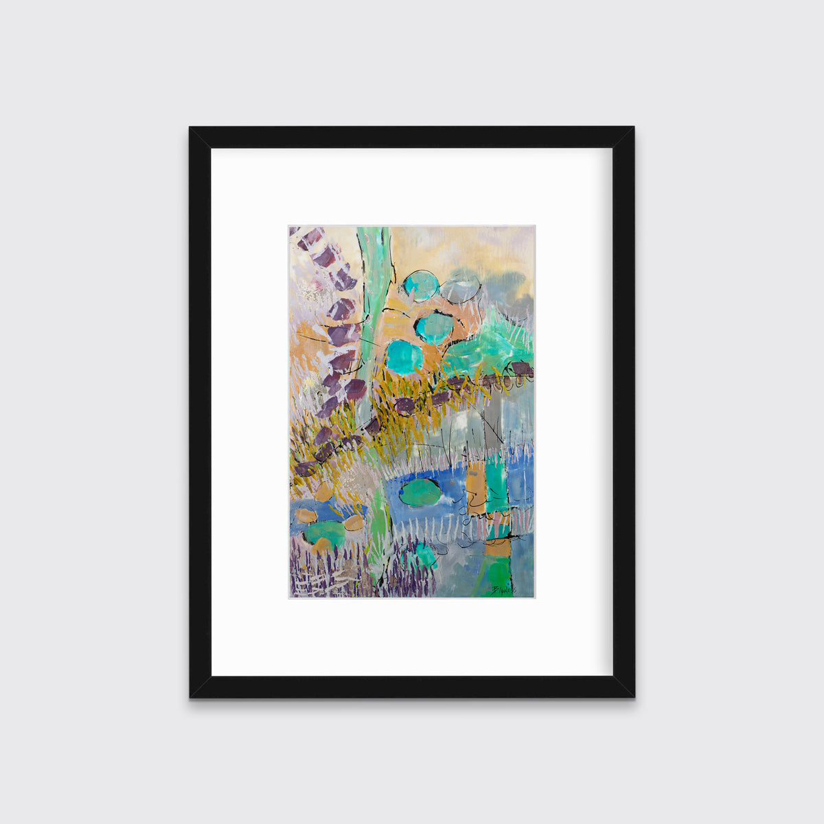 A teal, orange, purple and yellow abstract landscape print in a black frame with a mat hangs on a white wall.