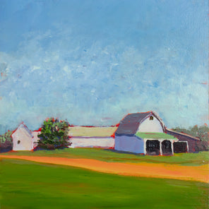 A green, blue, and orange landscape painting by Carol Young. 