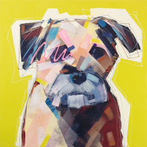 A bright yellow painting of an abstracted dog by Russell Miyaki. 