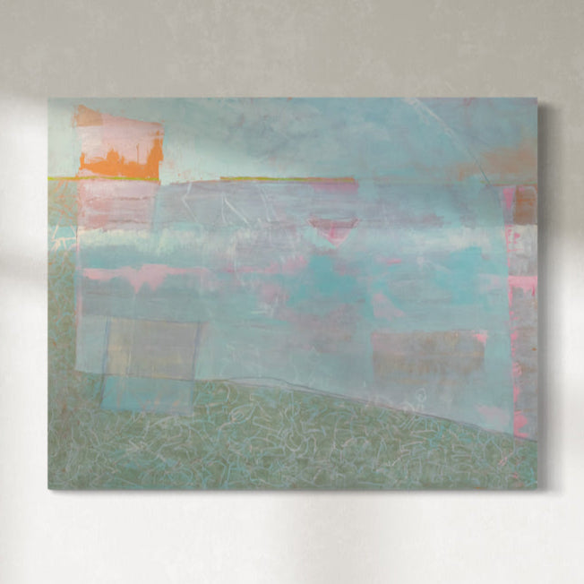 An abstract painting with blue, orange, green and pink tones hangs on a gallery wall.