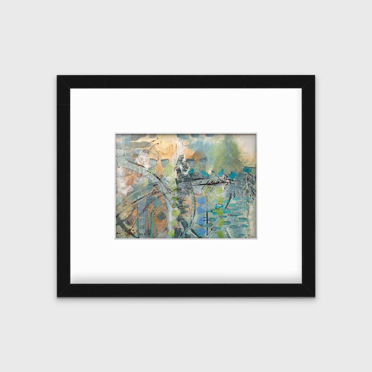 A blue, green, orange and black abstract print in a black frame with a mat hangs on a white wall.