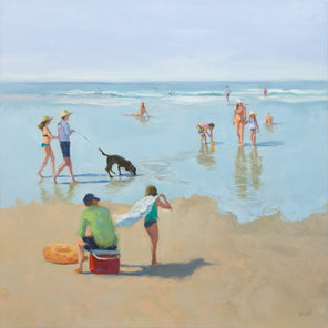 A painting of people playing on a beach shoreline. 