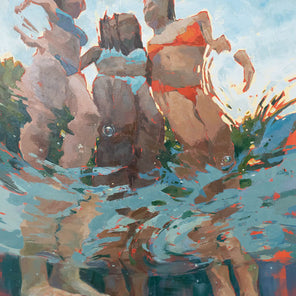 A painting of an underwater view of three young women in bikinis.