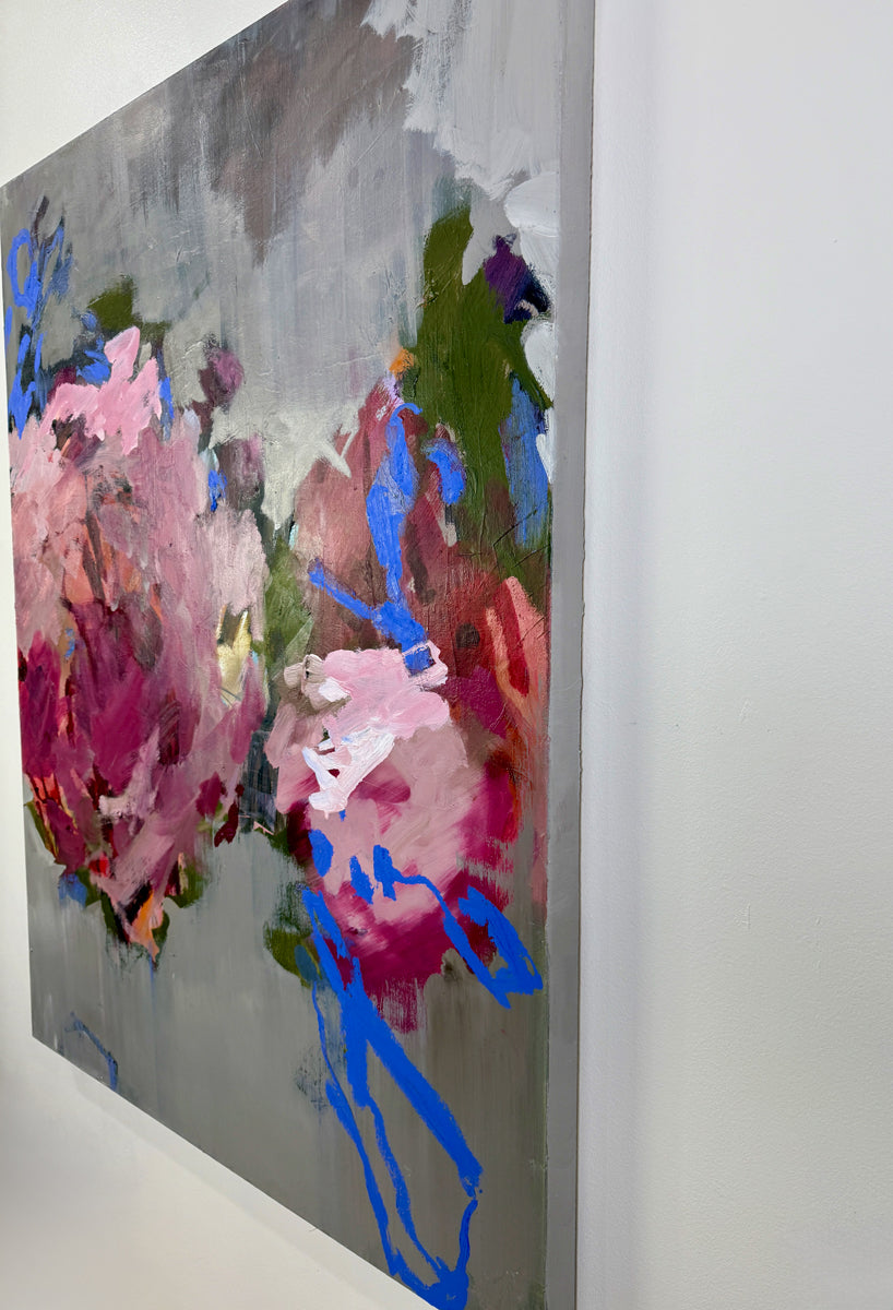 Abstract painting with pink, blue, and green colors on a gray background